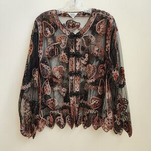 Celsa Cardigan Women XL Black Mesh Sheer Embroidered Whimsigoth Fairygrunge Chic